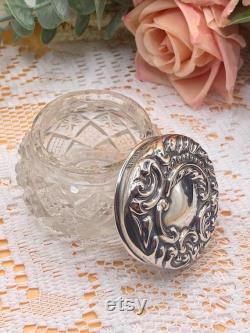 Antique solid sterling silver lidded cut-glass vanity jar powder pot Art nouveaux Edwardian. VGC Hallmarked 1902. FREE shipping and gift box