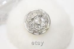 Antique sterling silver topped swans down puff Art Nouveau maiden design in cut glass pot