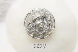 Antique sterling silver topped swans down puff Art Nouveau maiden design in cut glass pot