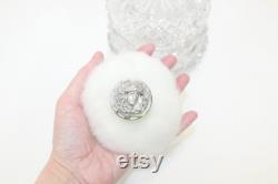 Antique sterling silver topped swans down puff Art Nouveau maiden design in cut glass pot