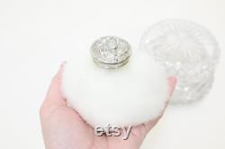Antique sterling silver topped swans down puff Art Nouveau maiden design in cut glass pot