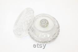 Antique sterling silver topped swans down puff Art Nouveau maiden design in cut glass pot