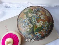 Antique treen powder pot and puff folk art wooden pot hand painted lily of the valley, forget me knot and bows lambswool and silk puff