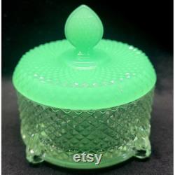 Antq Martinsville Glass Jade and Clear Puff Powder Jar Jadite Lid Uranium