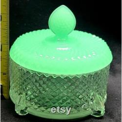 Antq Martinsville Glass Jade and Clear Puff Powder Jar Jadite Lid Uranium