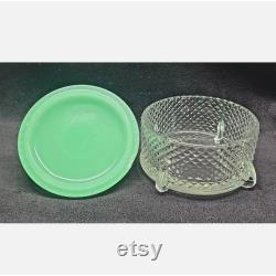 Antq Martinsville Glass Jade and Clear Puff Powder Jar Jadite Lid Uranium