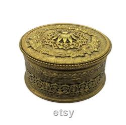 Apollo Ormolu Filigree Powder Box with Glass Insert, Gold Gilt Trinket Box, Antique