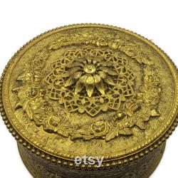 Apollo Ormolu Filigree Powder Box with Glass Insert, Gold Gilt Trinket Box, Antique