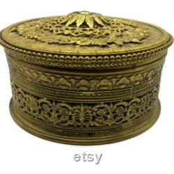 Apollo Ormolu Filigree Powder Box with Glass Insert, Gold Gilt Trinket Box, Antique