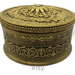 Apollo Ormolu Filigree Powder Box with Glass Insert, Gold Gilt Trinket Box, Antique