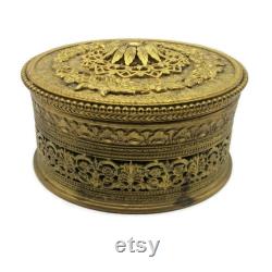 Apollo Ormolu Filigree Powder Box with Glass Insert, Gold Gilt Trinket Box, Antique