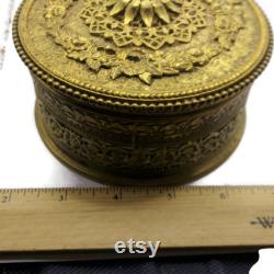 Apollo Ormolu Filigree Powder Box with Glass Insert, Gold Gilt Trinket Box, Antique