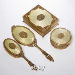 Apollo Vanity Set Ormolu Filigree Seashell Mirror Brush Trinket Boxes Jar 4pc