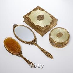 Apollo Vanity Set Ormolu Filigree Seashell Mirror Brush Trinket Boxes Jar 4pc