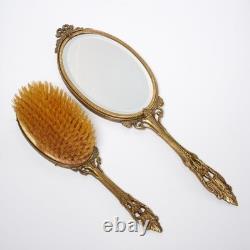 Apollo Vanity Set Ormolu Filigree Seashell Mirror Brush Trinket Boxes Jar 4pc
