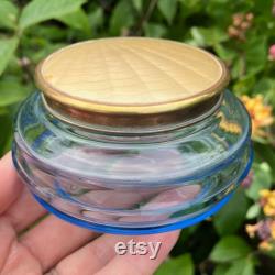 Art Deco Blue Glass Powder Jar, Trinket Pot, Powder Pot, Mouth Blown Glass, White Metal Lid with Faux Yellow Guilloche, Very Good Condition