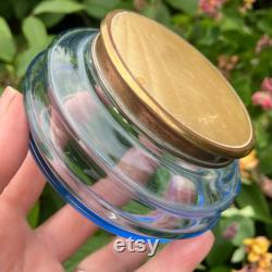 Art Deco Blue Glass Powder Jar, Trinket Pot, Powder Pot, Mouth Blown Glass, White Metal Lid with Faux Yellow Guilloche, Very Good Condition