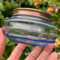 Art Deco Blue Glass Powder Jar, Trinket Pot, Powder Pot, Mouth Blown Glass, White Metal Lid with Faux Yellow Guilloche, Very Good Condition