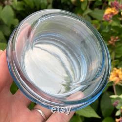 Art Deco Blue Glass Powder Jar, Trinket Pot, Powder Pot, Mouth Blown Glass, White Metal Lid with Faux Yellow Guilloche, Very Good Condition