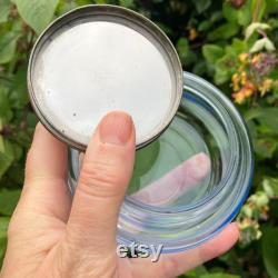 Art Deco Blue Glass Powder Jar, Trinket Pot, Powder Pot, Mouth Blown Glass, White Metal Lid with Faux Yellow Guilloche, Very Good Condition
