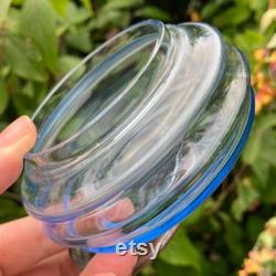 Art Deco Blue Glass Powder Jar, Trinket Pot, Powder Pot, Mouth Blown Glass, White Metal Lid with Faux Yellow Guilloche, Very Good Condition