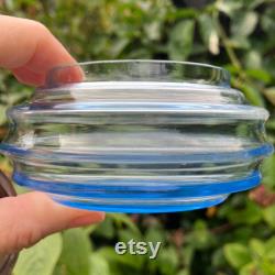 Art Deco Blue Glass Powder Jar, Trinket Pot, Powder Pot, Mouth Blown Glass, White Metal Lid with Faux Yellow Guilloche, Very Good Condition