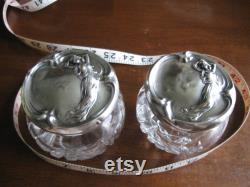 Art Deco Cut Glass Sterling Tops Vanity Trinket Cold Cream Powder Jars Pair