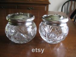 Art Deco Cut Glass Sterling Tops Vanity Trinket Cold Cream Powder Jars Pair