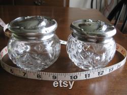 Art Deco Cut Glass Sterling Tops Vanity Trinket Cold Cream Powder Jars Pair