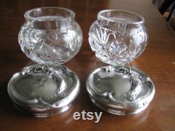 Art Deco Cut Glass Sterling Tops Vanity Trinket Cold Cream Powder Jars Pair