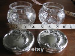 Art Deco Cut Glass Sterling Tops Vanity Trinket Cold Cream Powder Jars Pair