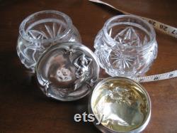 Art Deco Cut Glass Sterling Tops Vanity Trinket Cold Cream Powder Jars Pair