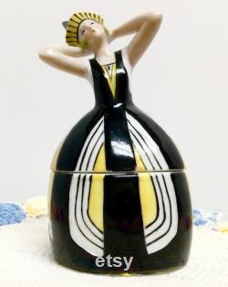 Art Deco Figural Powder Box Covered Jar Harlequin Woman German Porcelain