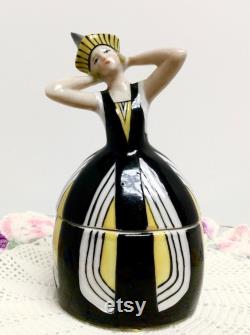 Art Deco Figural Powder Box Covered Jar Harlequin Woman German Porcelain