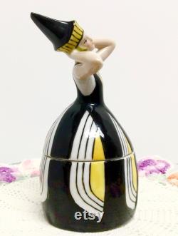 Art Deco Figural Powder Box Covered Jar Harlequin Woman German Porcelain