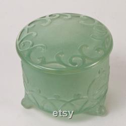 Art Deco Footed Powder Jar Embossed Curlycues Green Platonite Vintage Vanity No.4566