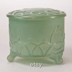 Art Deco Footed Powder Jar Embossed Curlycues Green Platonite Vintage Vanity No.4566