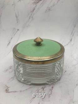 Art Deco Glass Vanity Jar with Green and Gold Lid