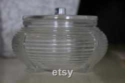 Art Deco Glass Vanity Jar with Horizontal Ribs, Vintage Ribbed Dresser Jar and Lid, 1930s Clear Depression Glass Dresser Box, Glam Powder Box