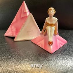 Art Deco Half Doll Covered Dresser Jar Powder Box Bavaria Pink Lady