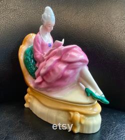 Art Deco Half Doll Powder Jar Porcelain Dresser Box Figural Woman Pink Large