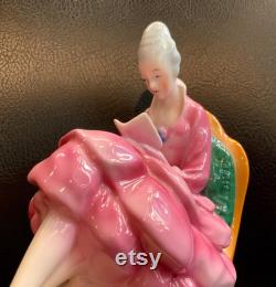 Art Deco Half Doll Powder Jar Porcelain Dresser Box Figural Woman Pink Large