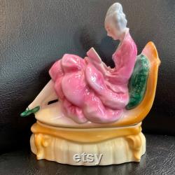 Art Deco Half Doll Powder Jar Porcelain Dresser Box Figural Woman Pink Large
