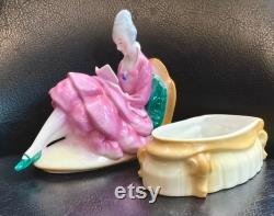 Art Deco Half Doll Powder Jar Porcelain Dresser Box Figural Woman Pink Large