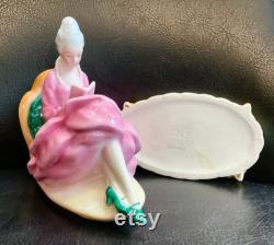 Art Deco Half Doll Powder Jar Porcelain Dresser Box Figural Woman Pink Large