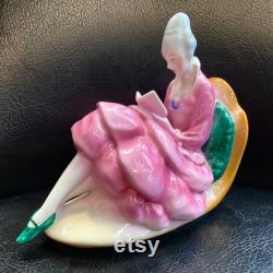 Art Deco Half Doll Powder Jar Porcelain Dresser Box Figural Woman Pink Large