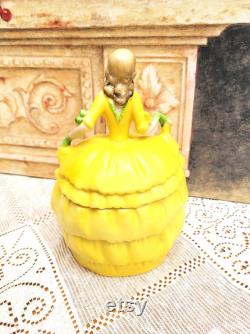 Art Deco Lady Figural Powder Pot Box 1930s Regency Dressing Table Boudoir