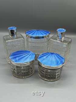 Art Deco Mappin and Webb Solid silver and Guilloche Enamel Dressing Table Set London 1934
