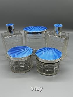 Art Deco Mappin and Webb Solid silver and Guilloche Enamel Dressing Table Set London 1934