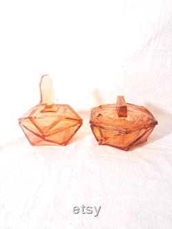 Art Deco Old Rose Coloured Czech Glass Dressing Table Pots